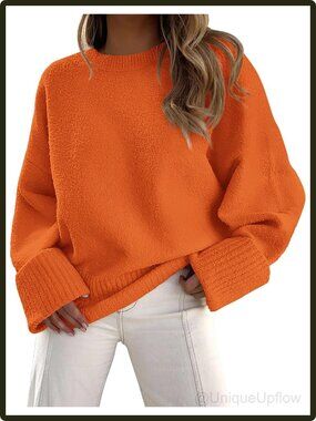 Women's Oversized Fuzzy Long Sleeve Crewneck Pullover Sweater Orange Cable Knit